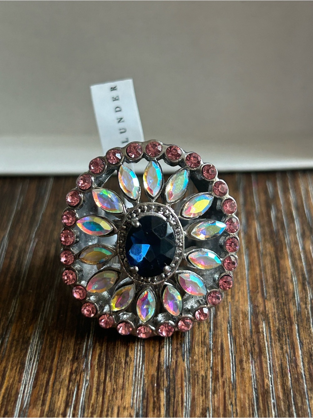 Cocktail Ring /Navy Center Pink and Iridescent Crystal Statement Ring -NEW W/TAG